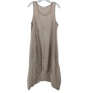 Gigi Moda Linen Dress Medium Tan Knit Side Panels Pockets Lagenlook Boho Italy